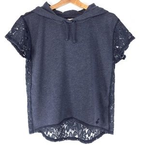 Hollister Navy Fleece Lace Short Sleeve Hood Sz S